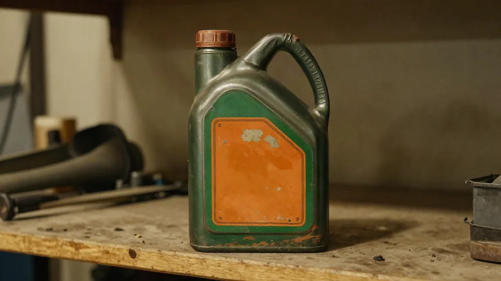 Lata antigua de aceite de motor en la estantería de un taller