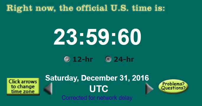 Reloj oficial de time.gov marcando 23:59:60 el 31 de diciembre de 2016